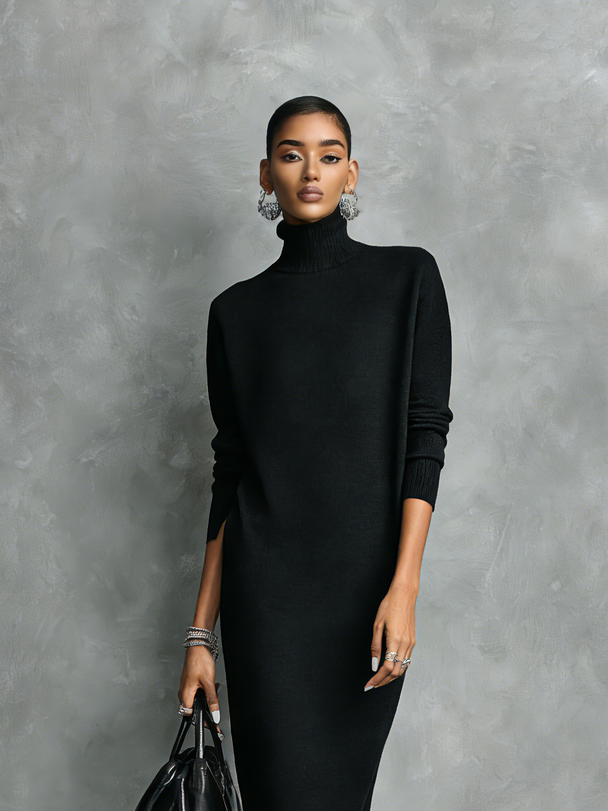 Robe midi pour femmes en noir, tricotée, avec col montant, manches longues, ample, sans poches MDA1974L7AN