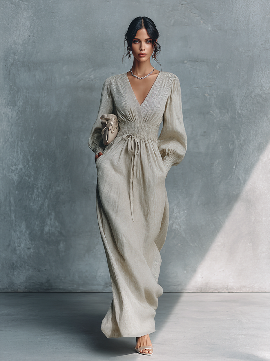 Robe maxi pour femmes en beige en coton et lin avec rayures et décolleté en V MDZ0361C4BA
