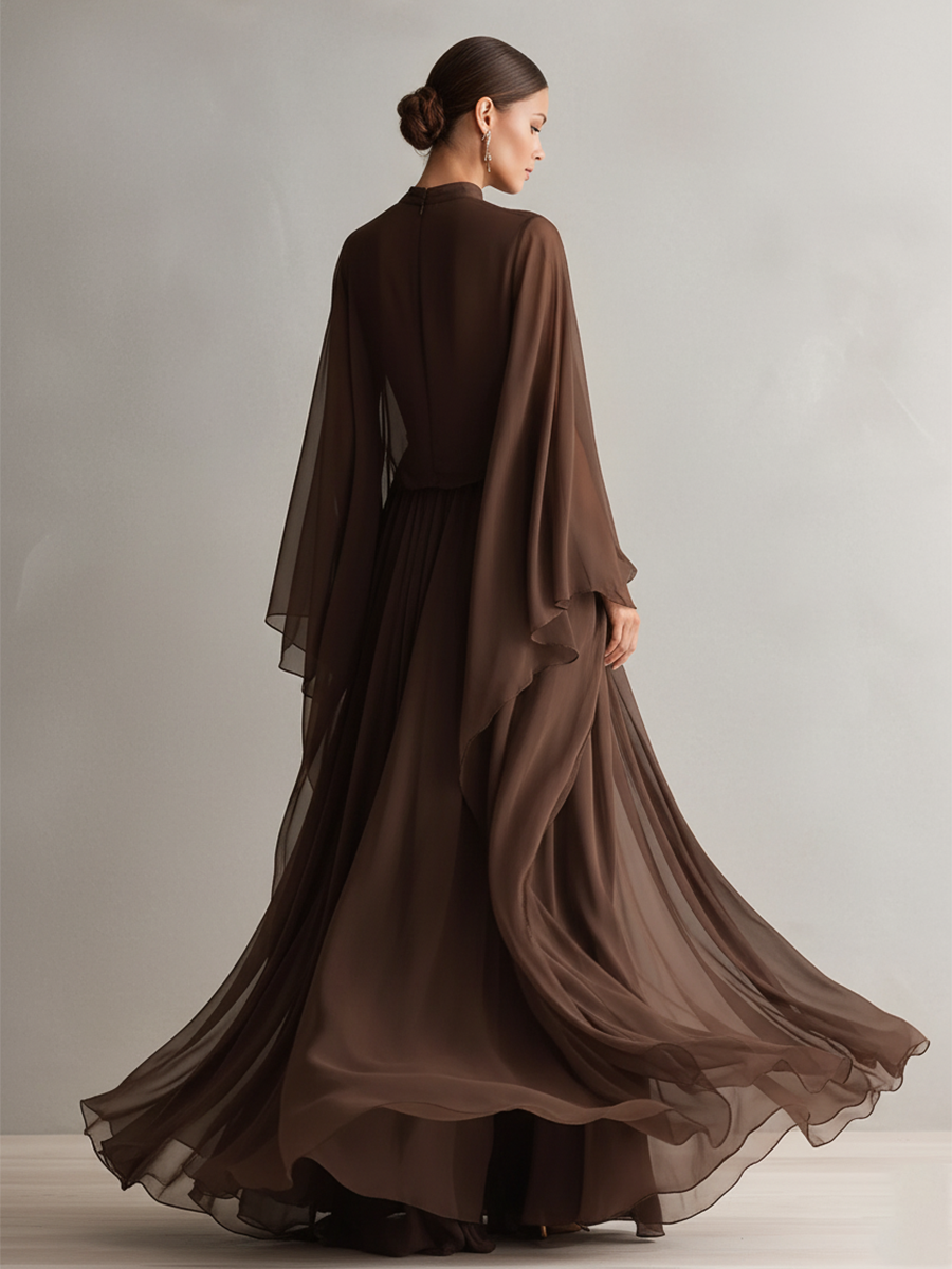 Robe en chiffon marron riche pour femmes avec silhouette maxi fluide et design comme une écharpe, robe de style moderne élégant - glamour MDA1967L4I