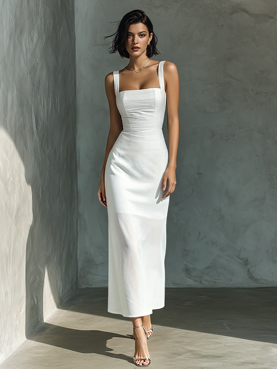 Robe Midi sans manches pour femmes en coton et lin blanc simple MDZ1204A3BA