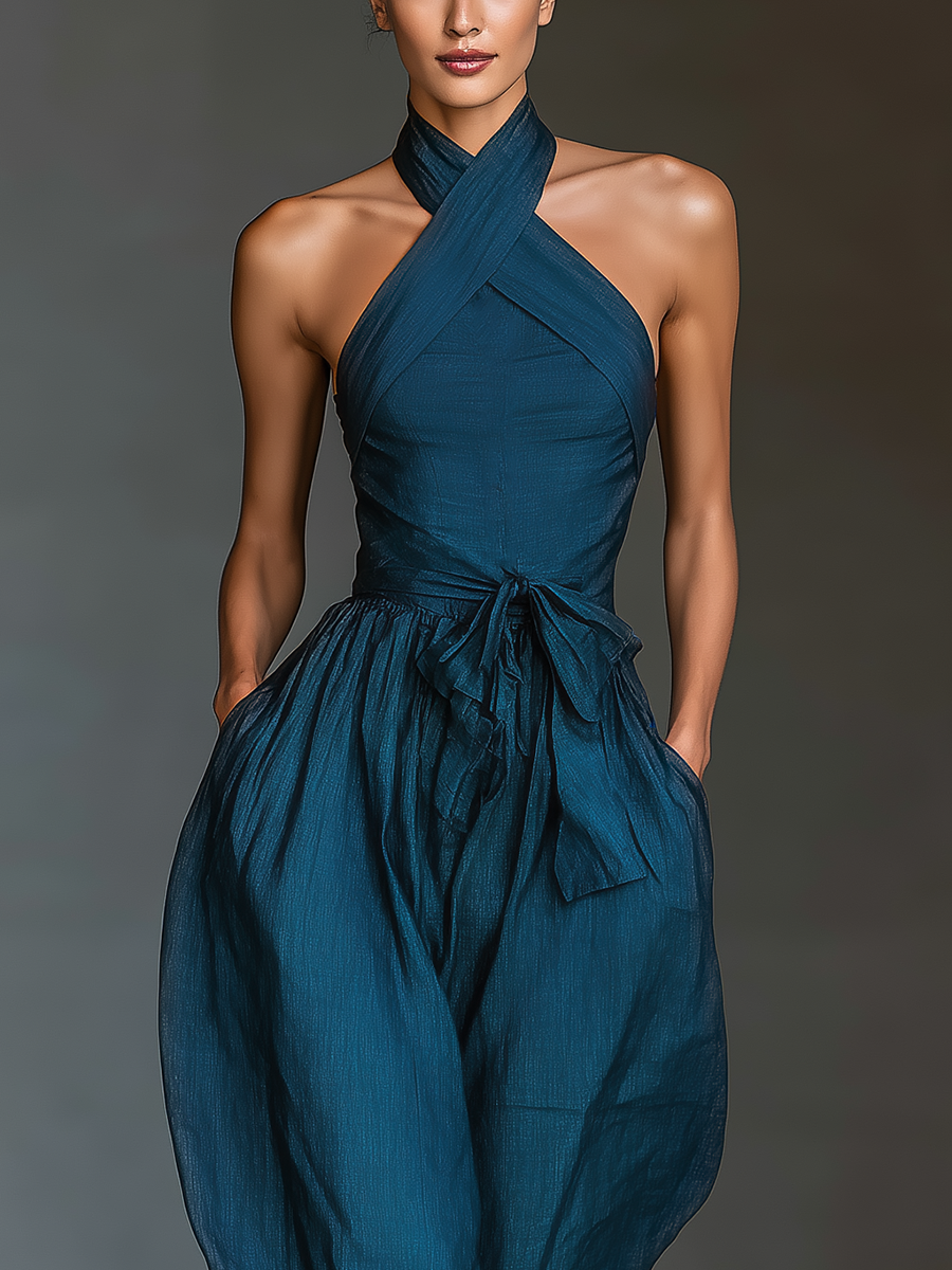 Robe d'été pour femmes en lin de couleur bleu foncé avec col croisé, taille ajustable et pantalons larges MDZ0455B5T