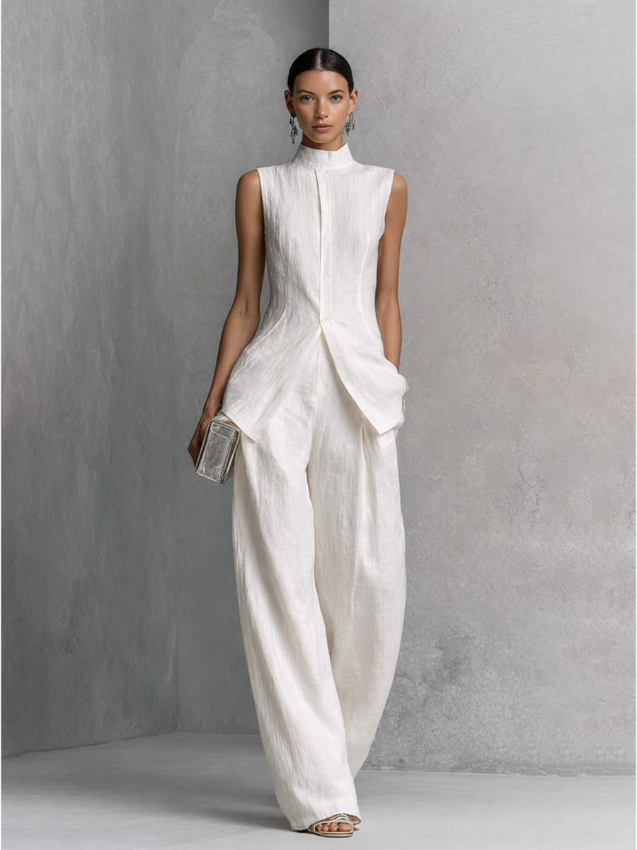 Ensemble top sans manches au look élégant en coton et lin blanc avec pantalon large MDZ0221B1BA