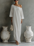 Robes de soirée féminines en couleur crème avec un mélange de coton-lin, à une épaule, fluide et élégante MDA3032K4T