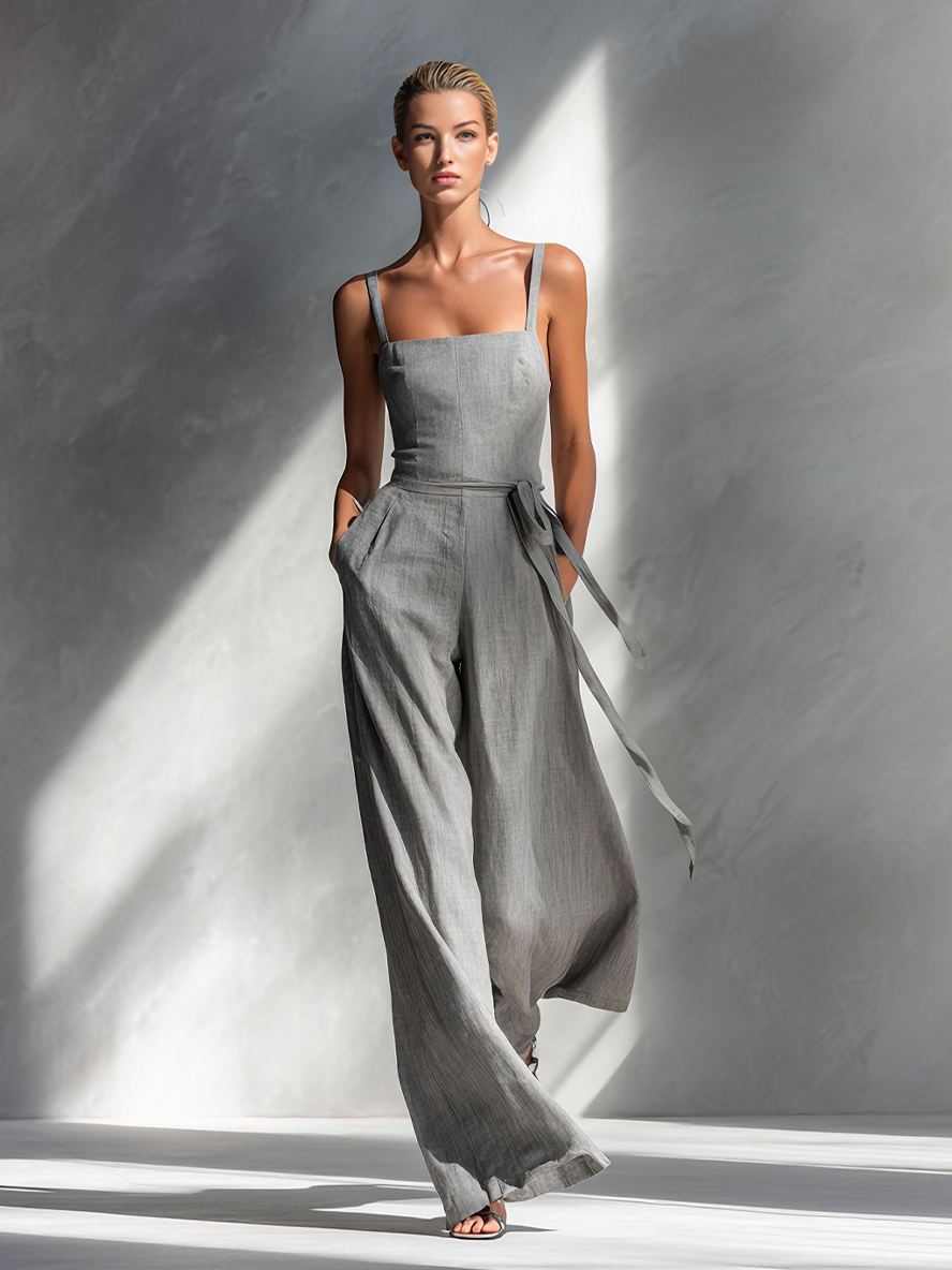 Salopette femme minimaliste en lin gris avec bretelles spaghetti, col carré, ceinture à nouer et pantalons larges MDA2666L5AU