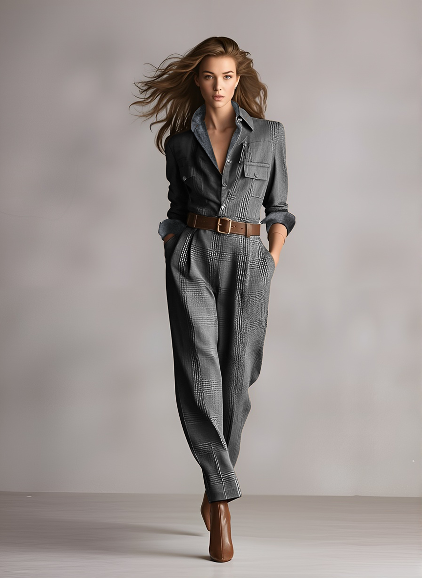 Body pour femmes en couleur marron - Tweed avec texture raffinée (sans ceinture) MDA0167I2I