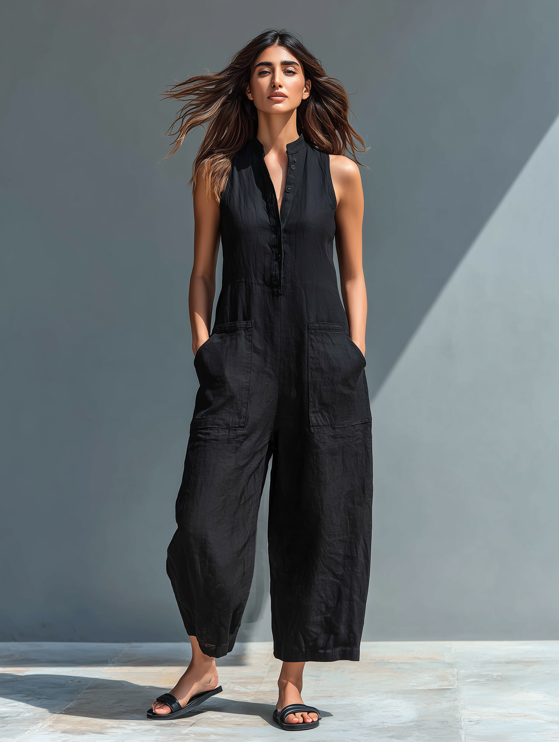 Ensemble femme minimaliste en lin avec boutons, col rigide, sans manches, ample MDZ2725A5Y