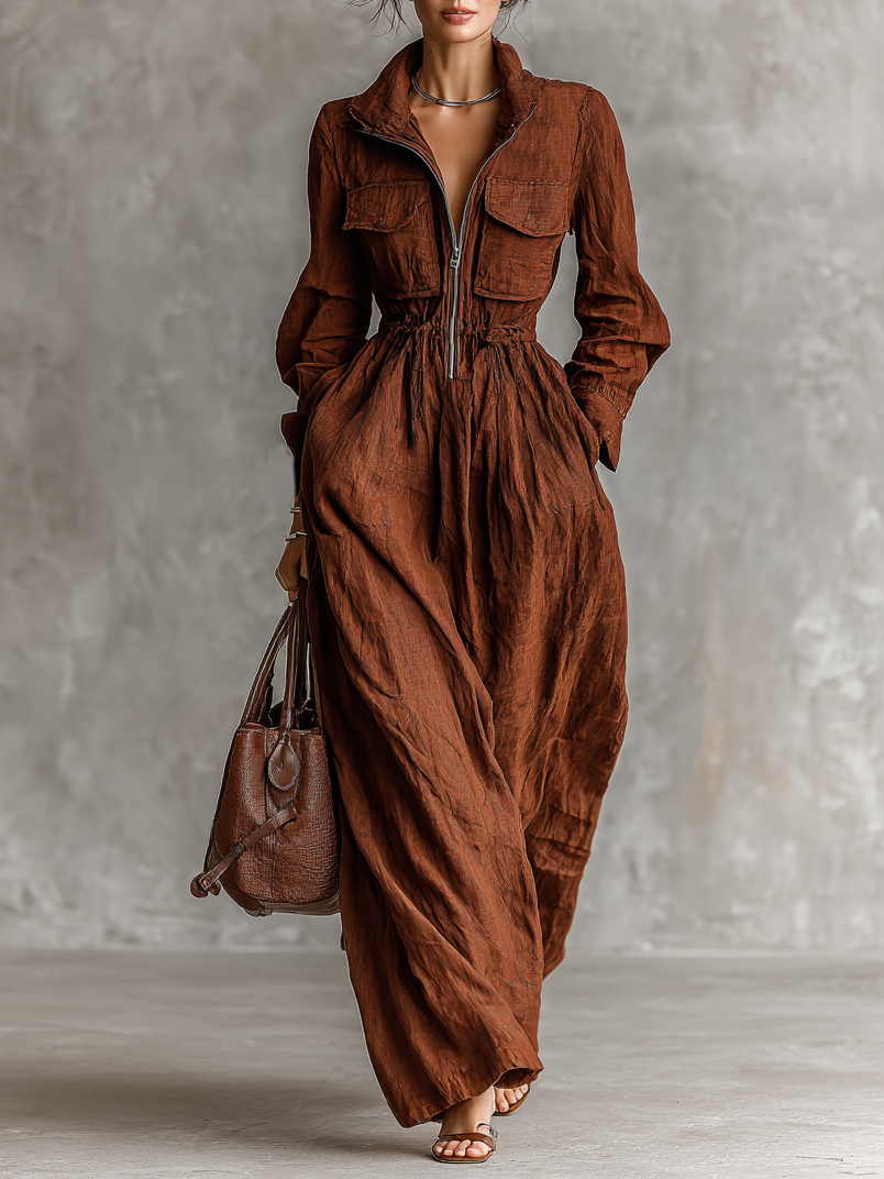 Robes maxi femmes en coton et lin avec fermeture éclair et col à revers élastique MDA1964H8Y