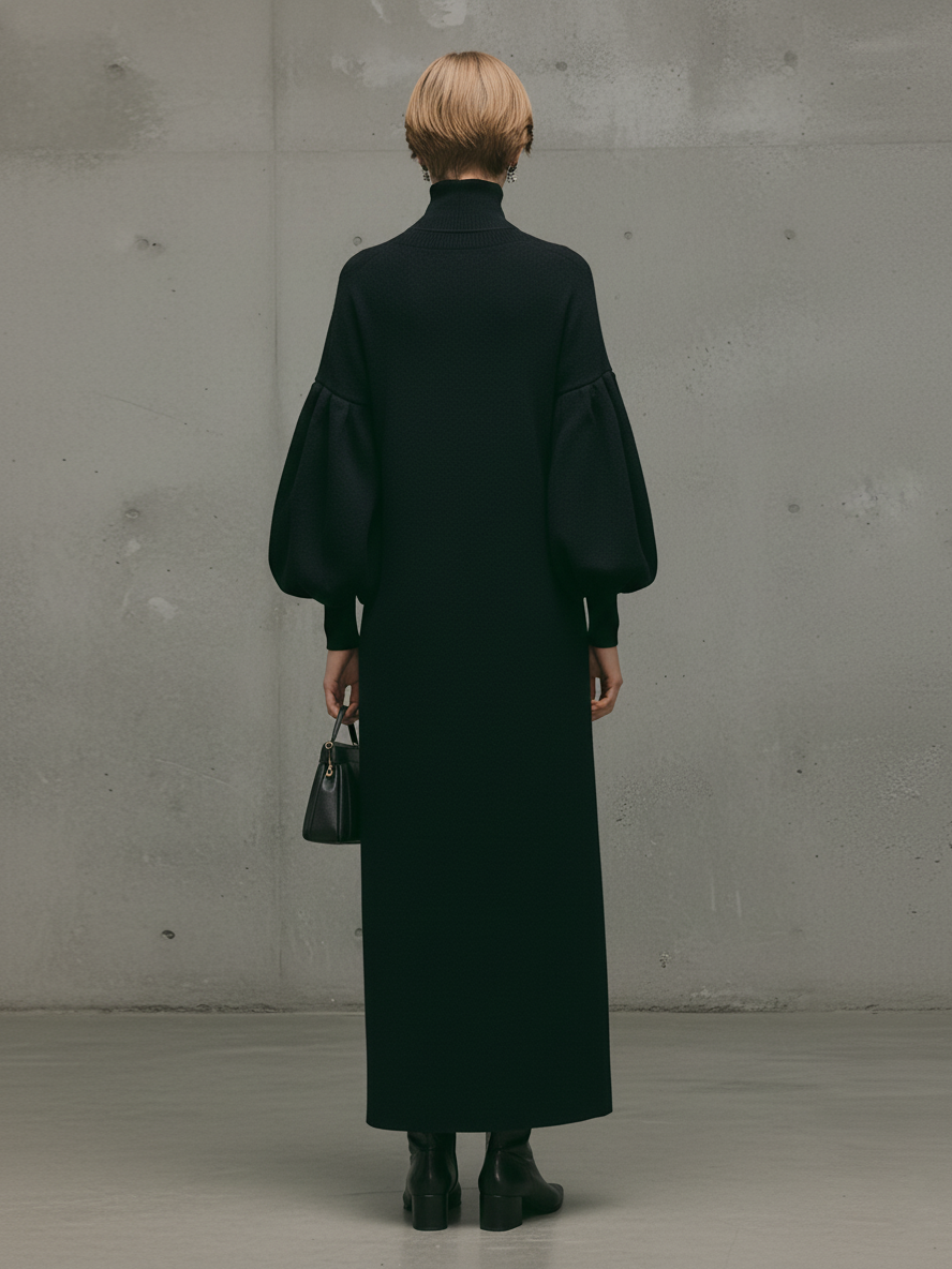 Robe maxi moderne pour femmes avec col roulé noir et manches bouffantes MDA1503L6AU