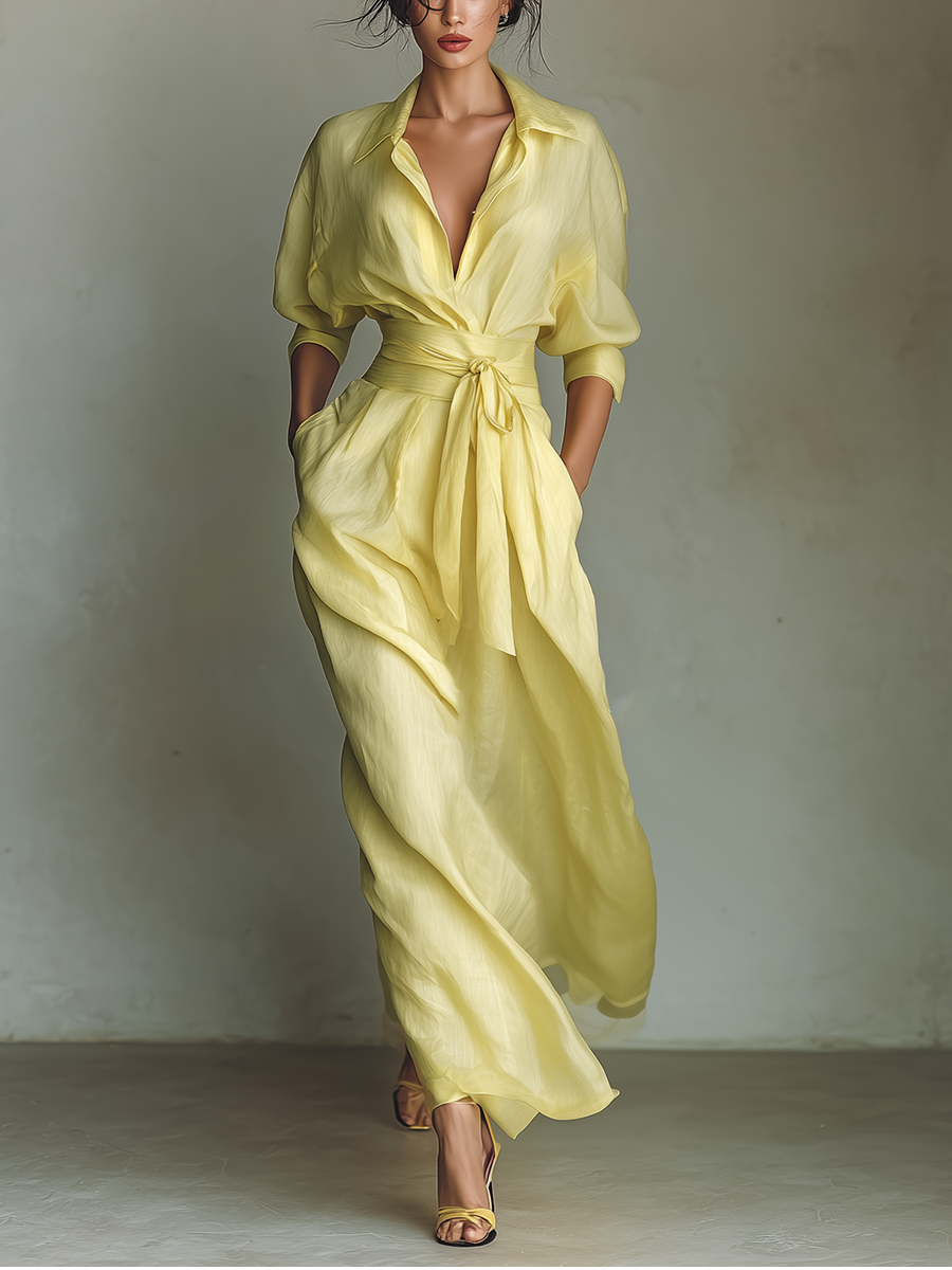 Robes maxi en coton et lin de couleur jaune citron pour femmes avec ceinture à nouer et manches mi-longues MDZ2884A4T