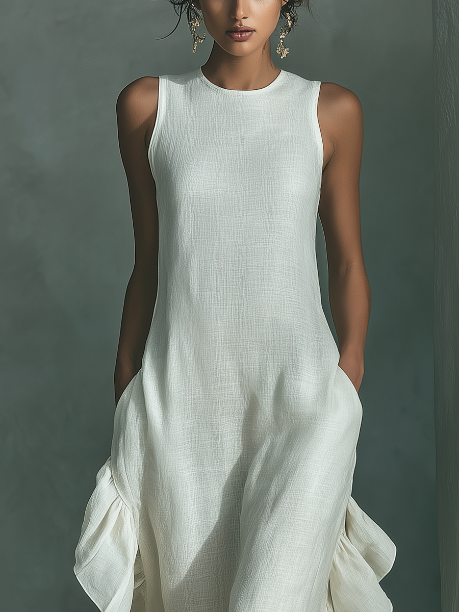 Robe maxi sans manches en lin couleur ivoire avec col rond et franges MDZ0973B9T