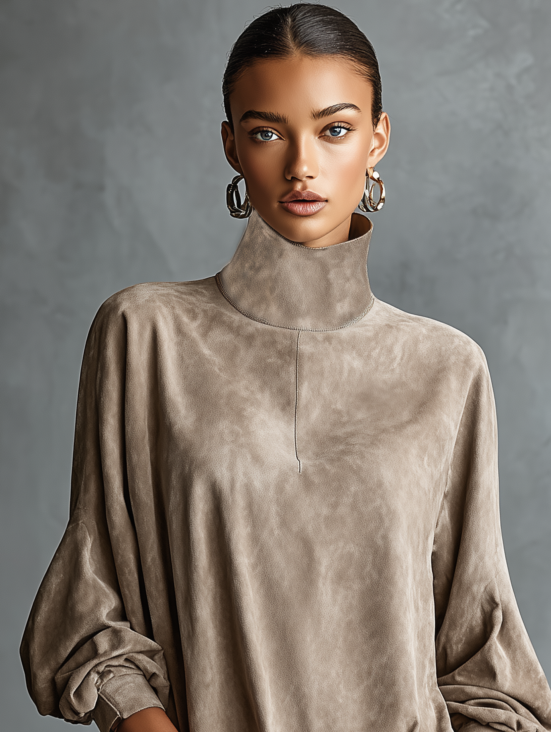 Robe mini pour femmes au design minimaliste, avec une coupe ample, en simili daim, avec col montant MDA2423K1Y