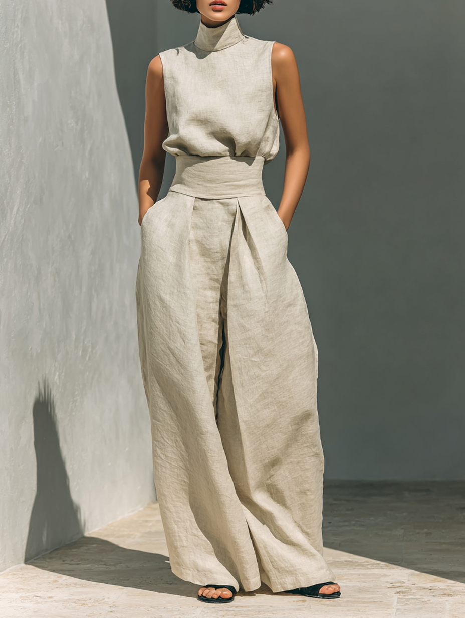 Ensemble haut sans manches et pantalon large en coton et lin pour femmes MDZ0873A5Y