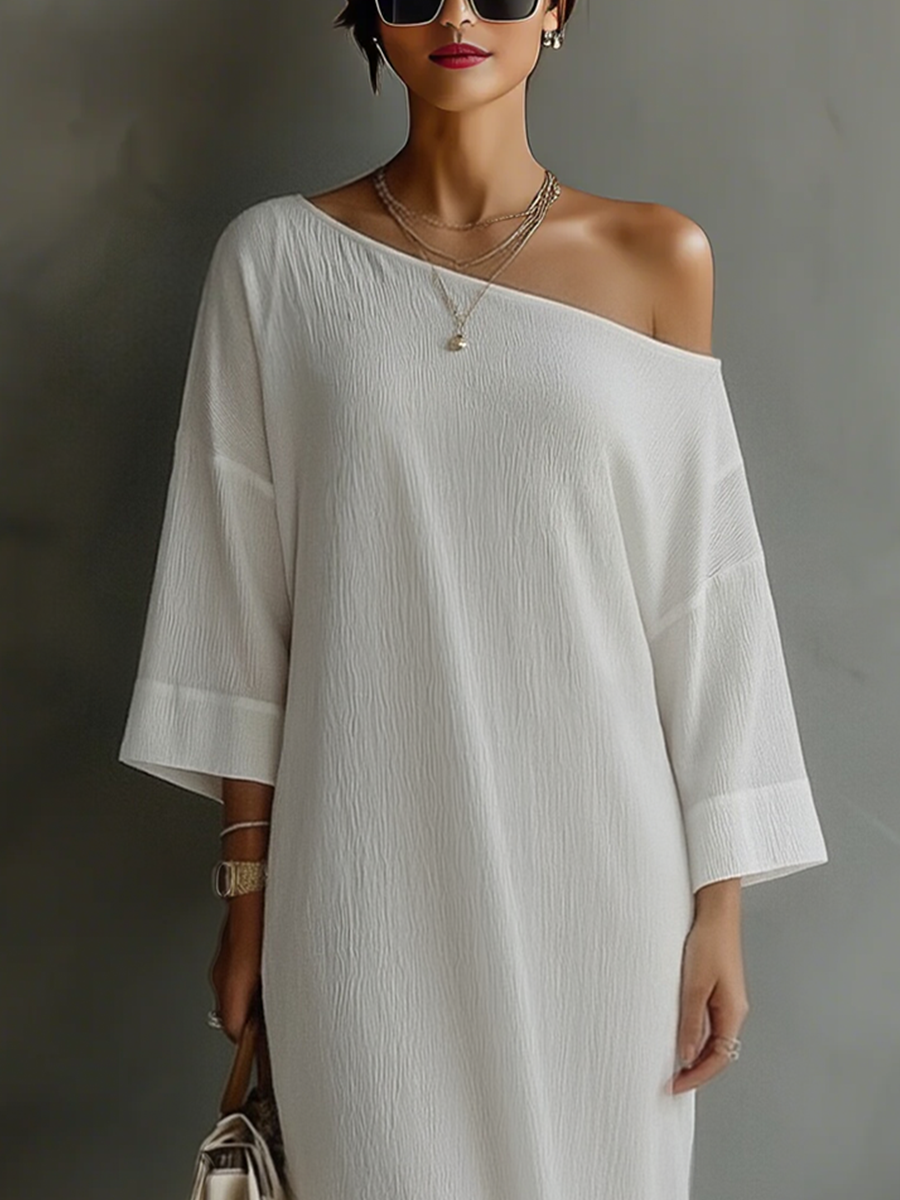 Robes de soirée féminines en couleur crème avec un mélange de coton-lin, à une épaule, fluide et élégante MDA3032K4T