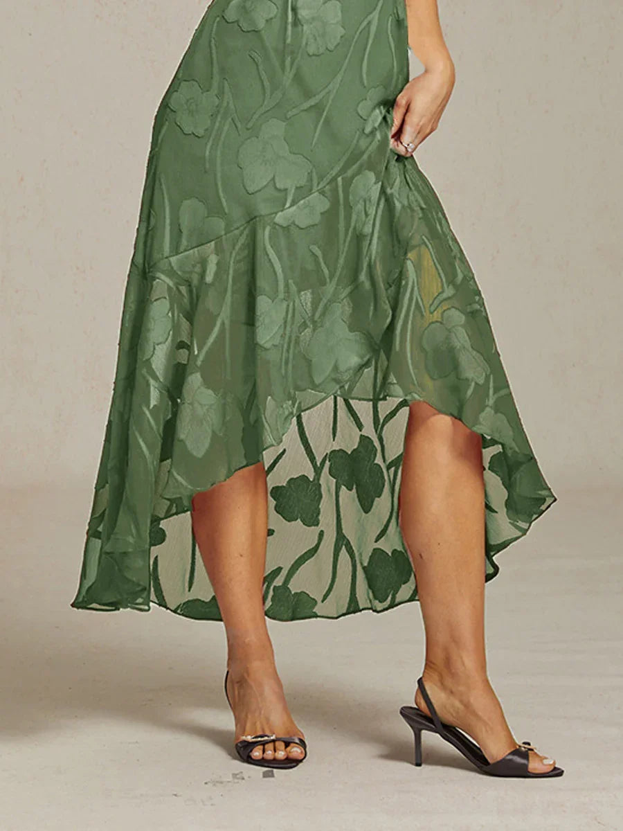 Robes de soirée sans manches en soie florale avec des ourlets asymétriques
