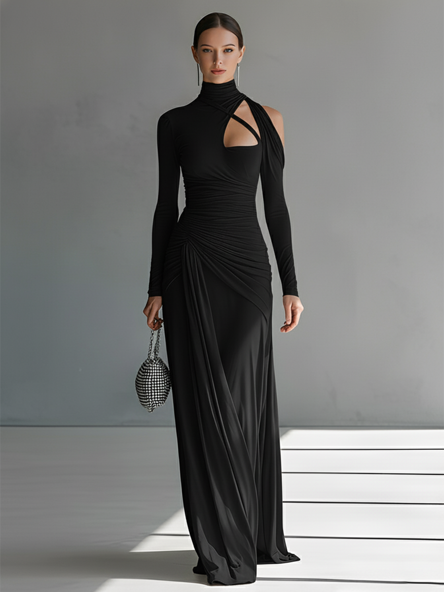 Robe maxi femme grise en soie stretch avec détails froissés et coupe MDA0546K6I