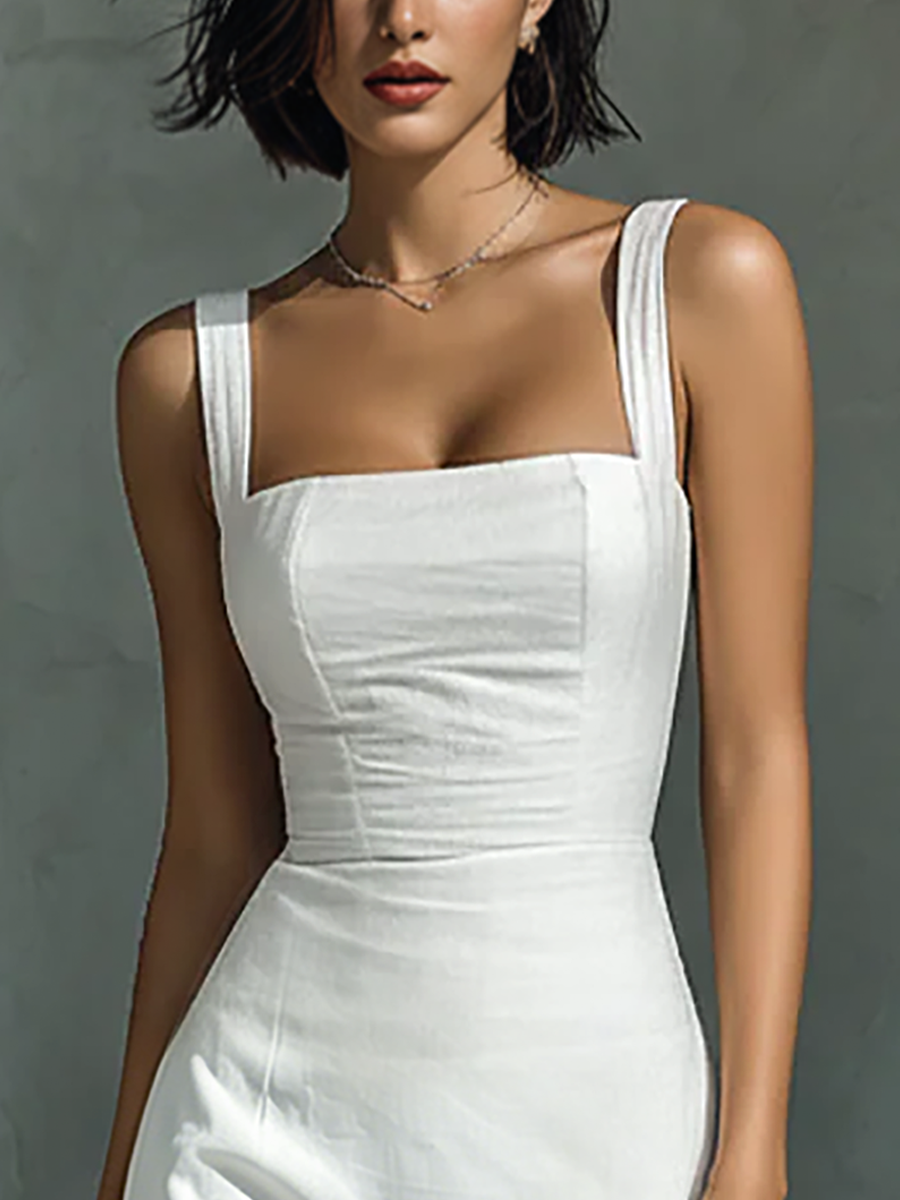 Robe Midi sans manches pour femmes en coton et lin blanc simple MDZ1204A3BA