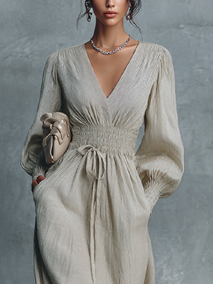 Robe maxi pour femmes en beige en coton et lin avec rayures et décolleté en V MDZ0361C4BA