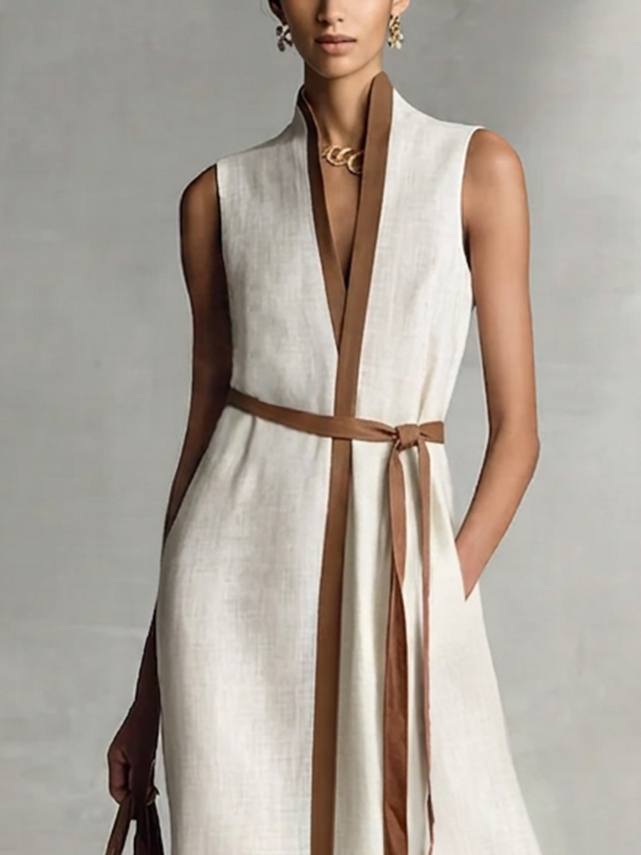 Robes maxi pour femmes avec col en V sans manches et ceinture MDZ1153B7BA