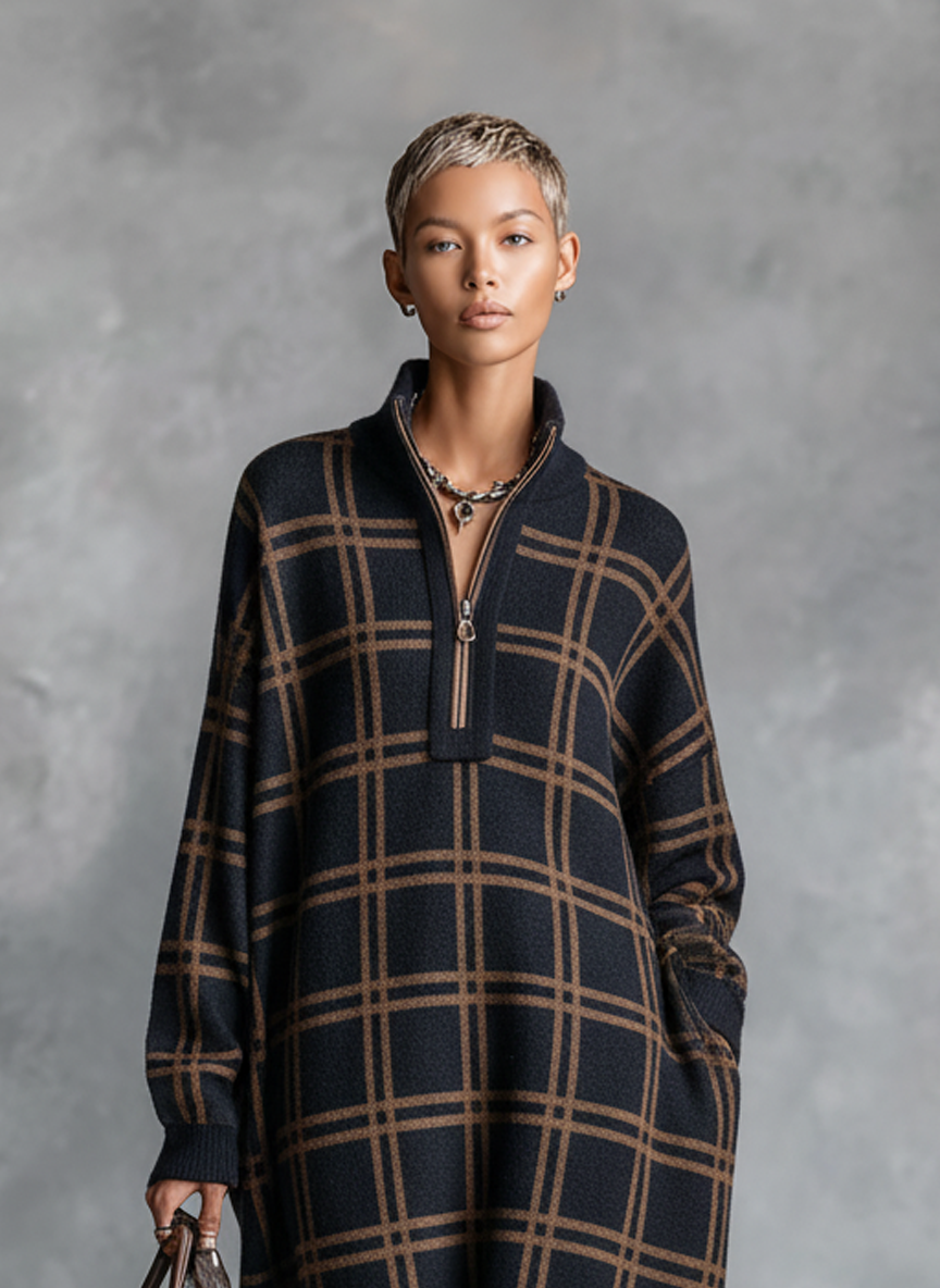 Robe maxi tricotée avec col zippé en noir et blanc pour femmes MDA1505J9Y
