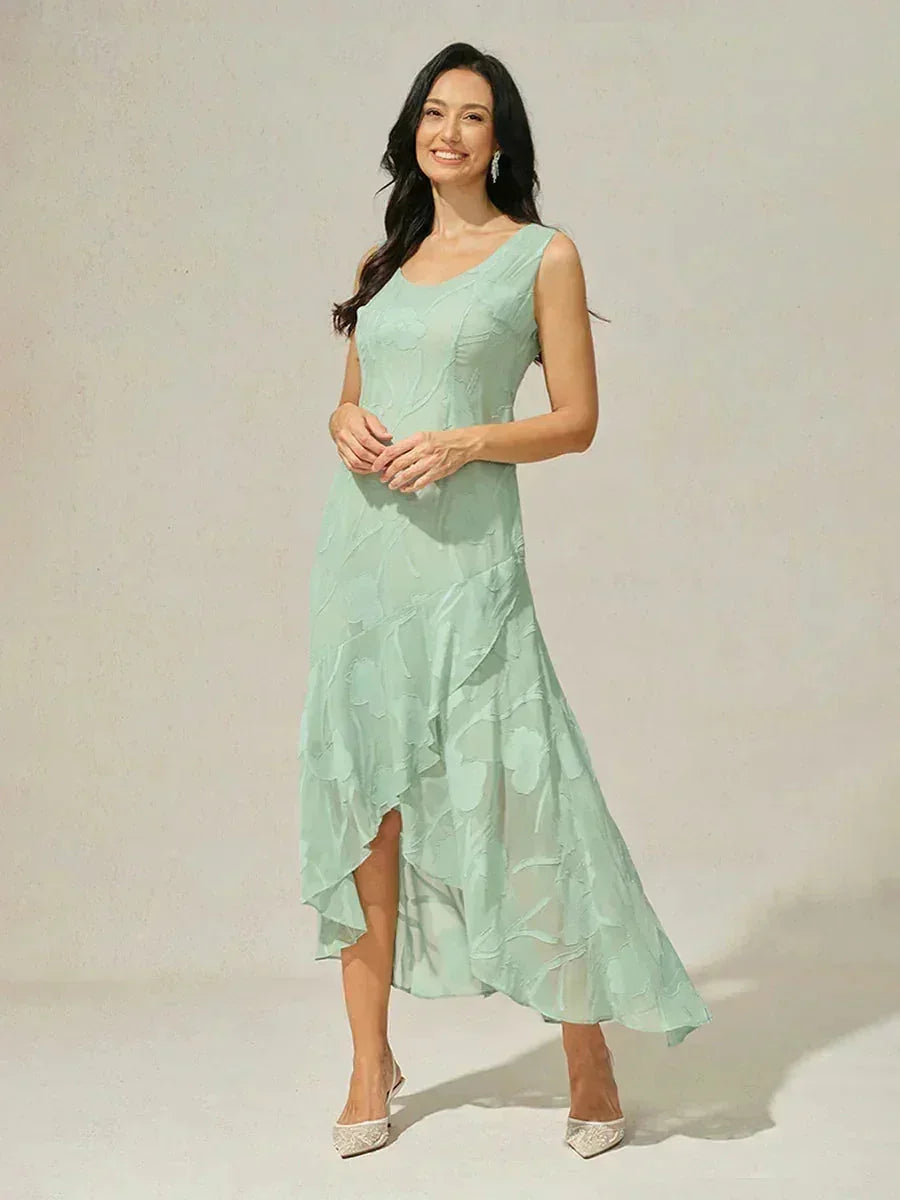 Robes de soirée sans manches en soie florale avec des ourlets asymétriques
