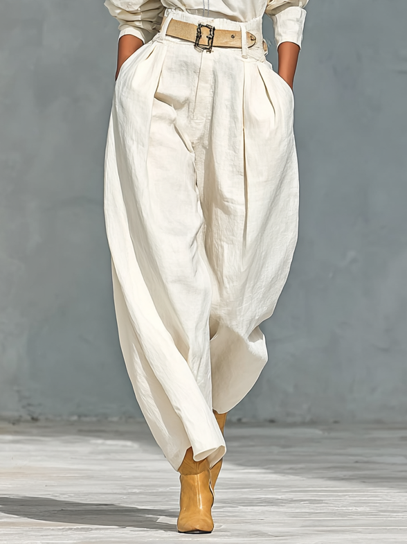 Ensemble de chemise à manches longues avec col rond et pantalon large en mélange de coton et lin pour femmes (ceinture non incluse) MDA2555G6Y