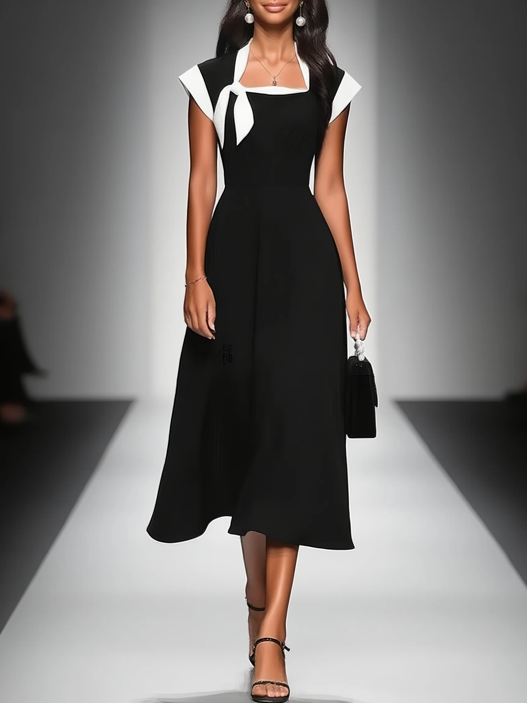 Robe midi pour femmes avec col carré, manches à épaulettes, couleurs variées MDA2447F4Y