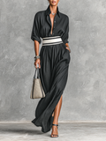Robe maxi pour femmes en tissu de copolyester imitation avec col chemise, un bouton, manches longues MDA2258G6Y