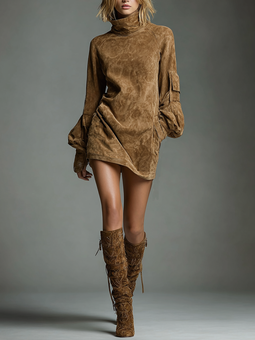 Robe mini en suédine à col roulé pour femmes