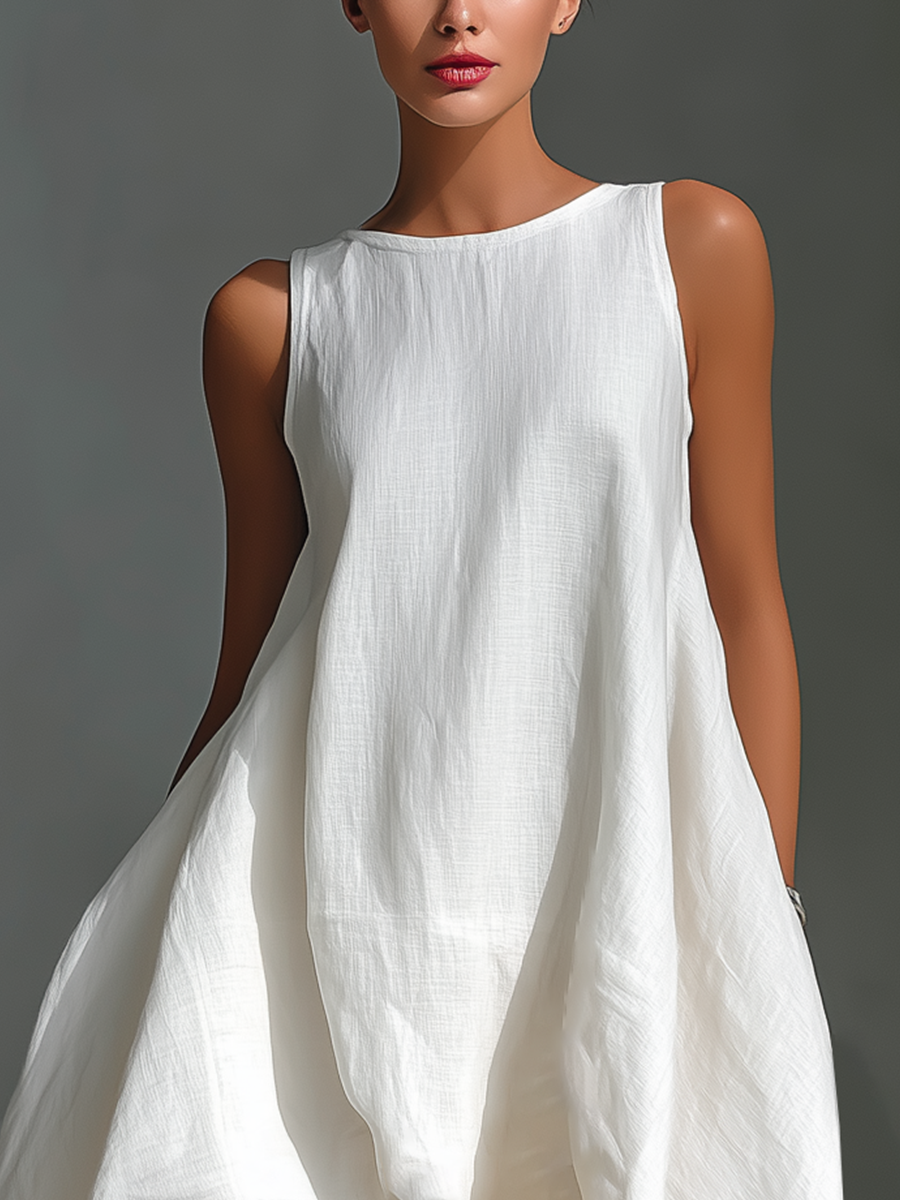 Robes midi pour femmes en lin blanc sans manches avec col rond et jupe asymétrique MDZ0987B9T