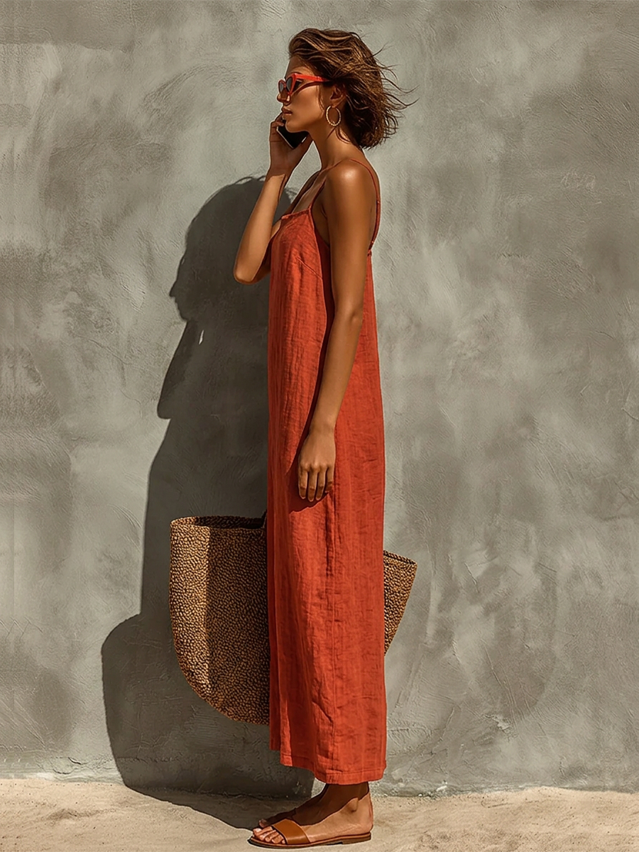 Robe en coton rouge pour femmes avec bretelles spaghetti et col carré, robe boho-resort intemporelle MDZ0924C3I