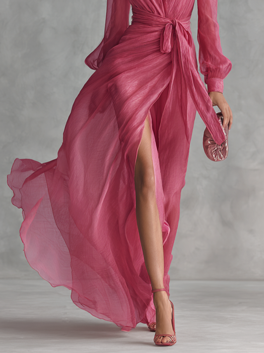 Robes longues avec col en V et ceinture - Rose perle élégant pour femmes MDZ1925A7BA