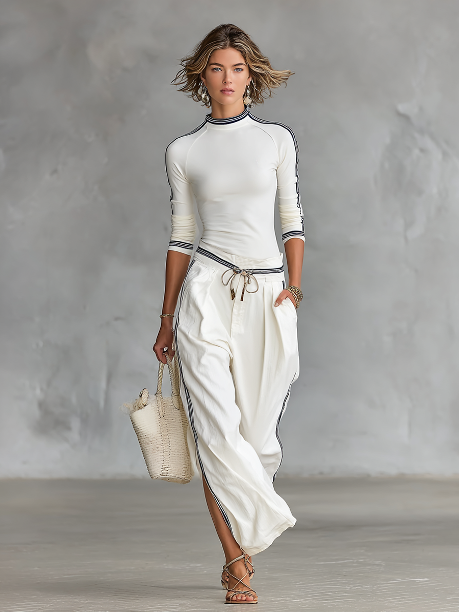 Ensemble de deux pièces : t-shirt à col montant et pantalon à jambes larges avec cordon pour femmes MDA2569G9Y
