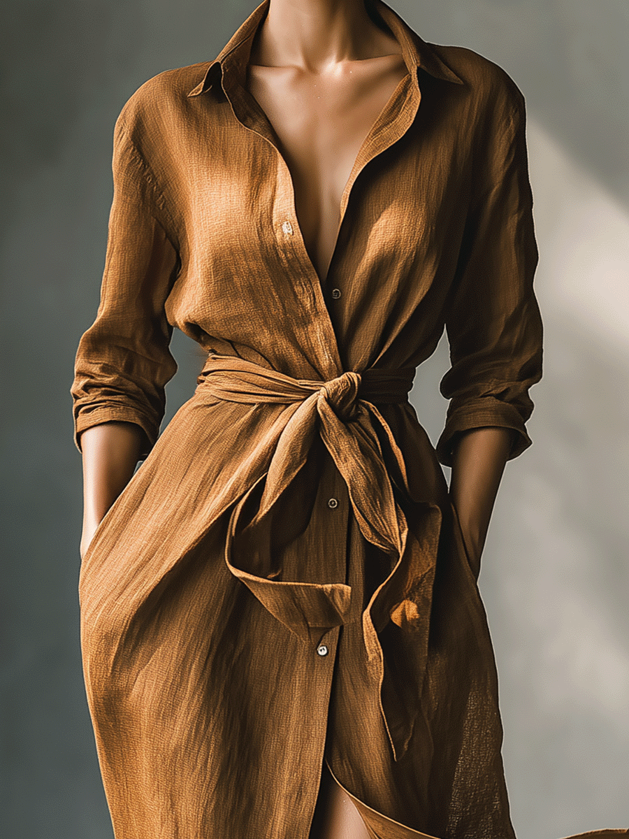 Robe Maxi Chemise Marron Vintage pour Femmes MDA2898G6I