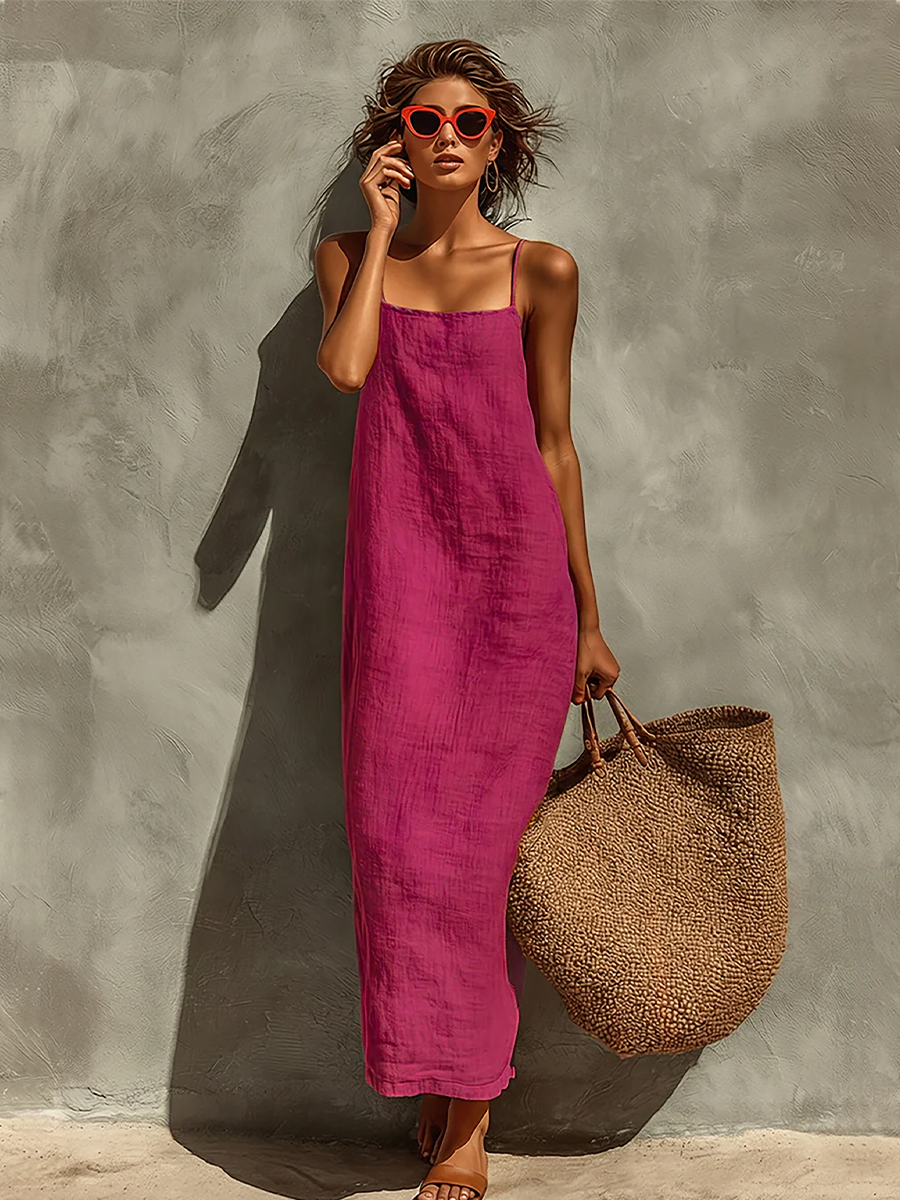 Robe en coton rouge pour femmes avec bretelles spaghetti et col carré, robe boho-resort intemporelle MDZ0924C3I
