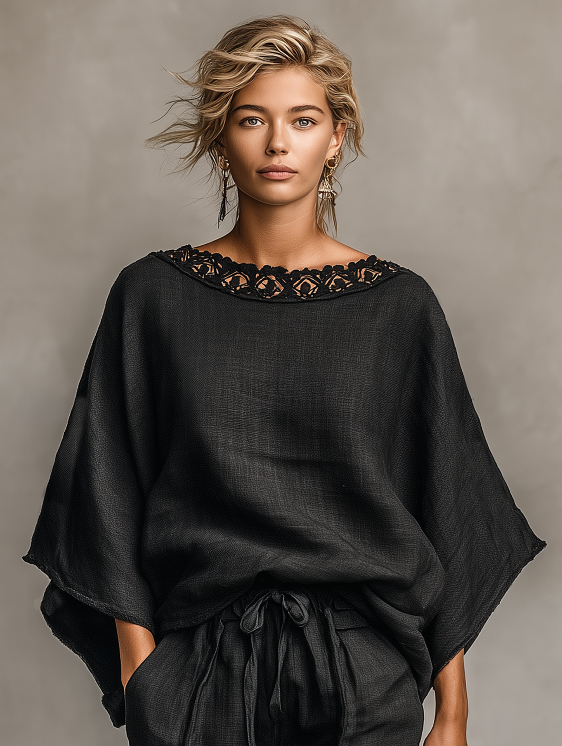 Ensemble chemise et short pour femmes en tissus mélangés avec lin, col bateau avec dentelle MDZ1635A9Y