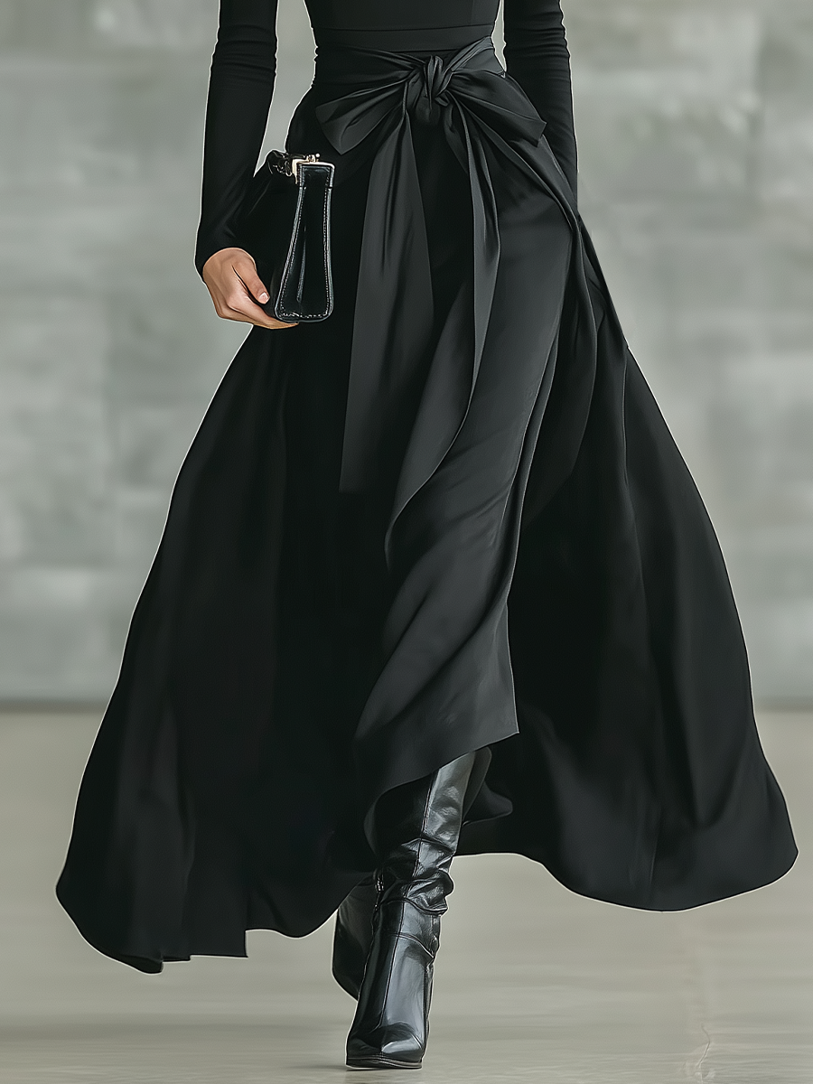 Robe maxi noire pour femmes avec col haut, stretch, tricotée et satin MDA2851J4T