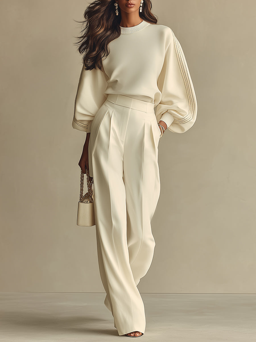 Ensemble texturé couleur ivoire pour femmes avec col rond froissé et pantalon taille haute, ensemble moderne et raffiné MDA2231L6I