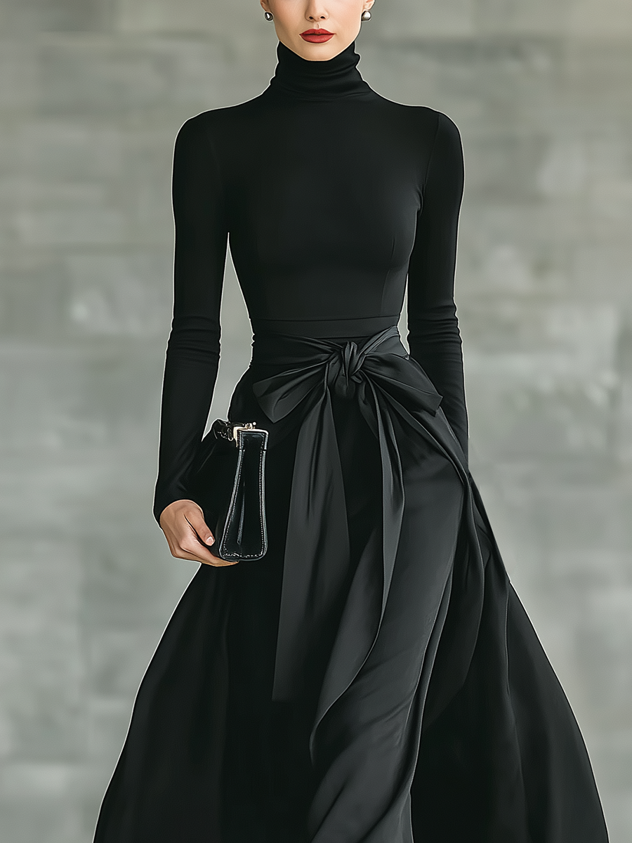 Robe maxi noire pour femmes avec col haut, stretch, tricotée et satin MDA2851J4T