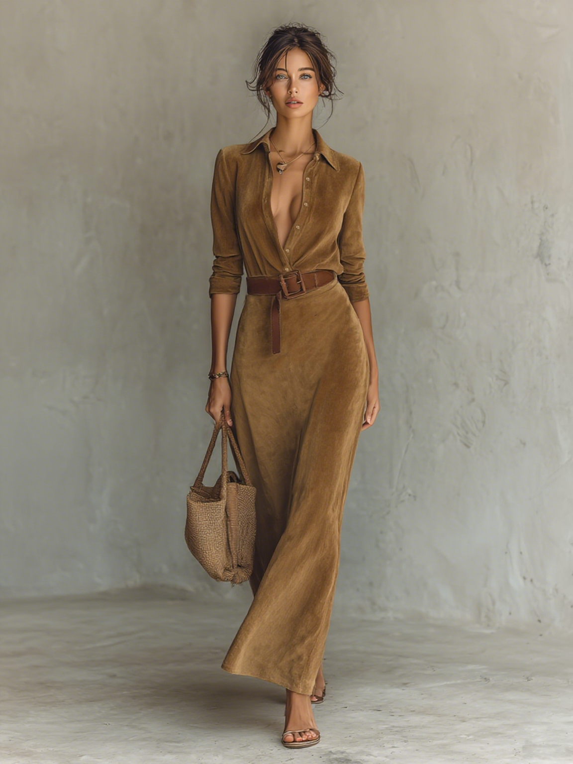 Robe maxi avec un bouton et manches courtes pour femmes MDA1205H8Y