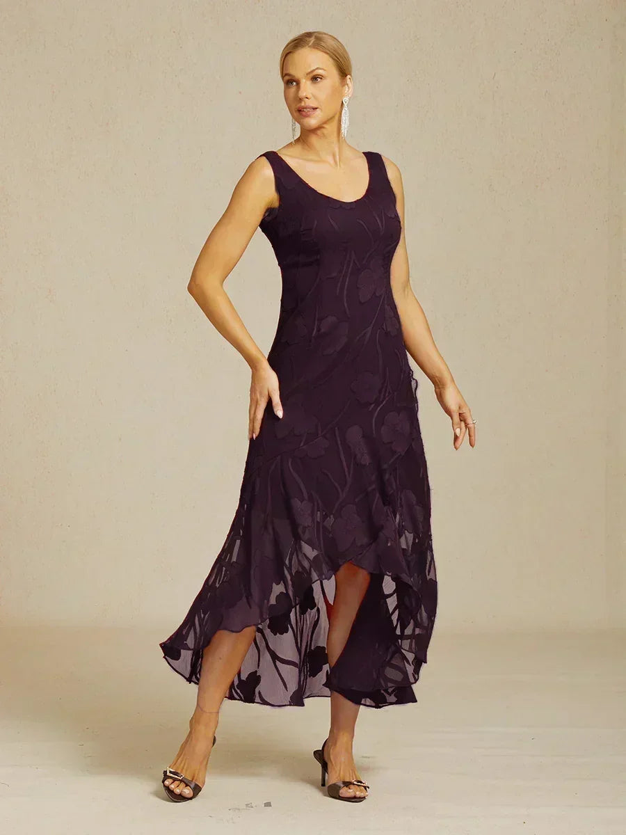 Robes de soirée sans manches en soie florale avec des ourlets asymétriques