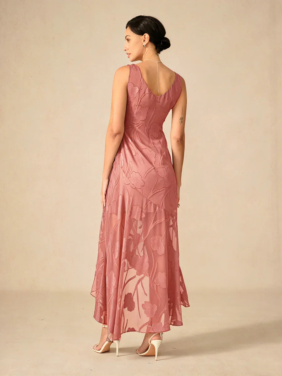Robes de soirée sans manches en chiffon floral avec des ourlets asymétriques