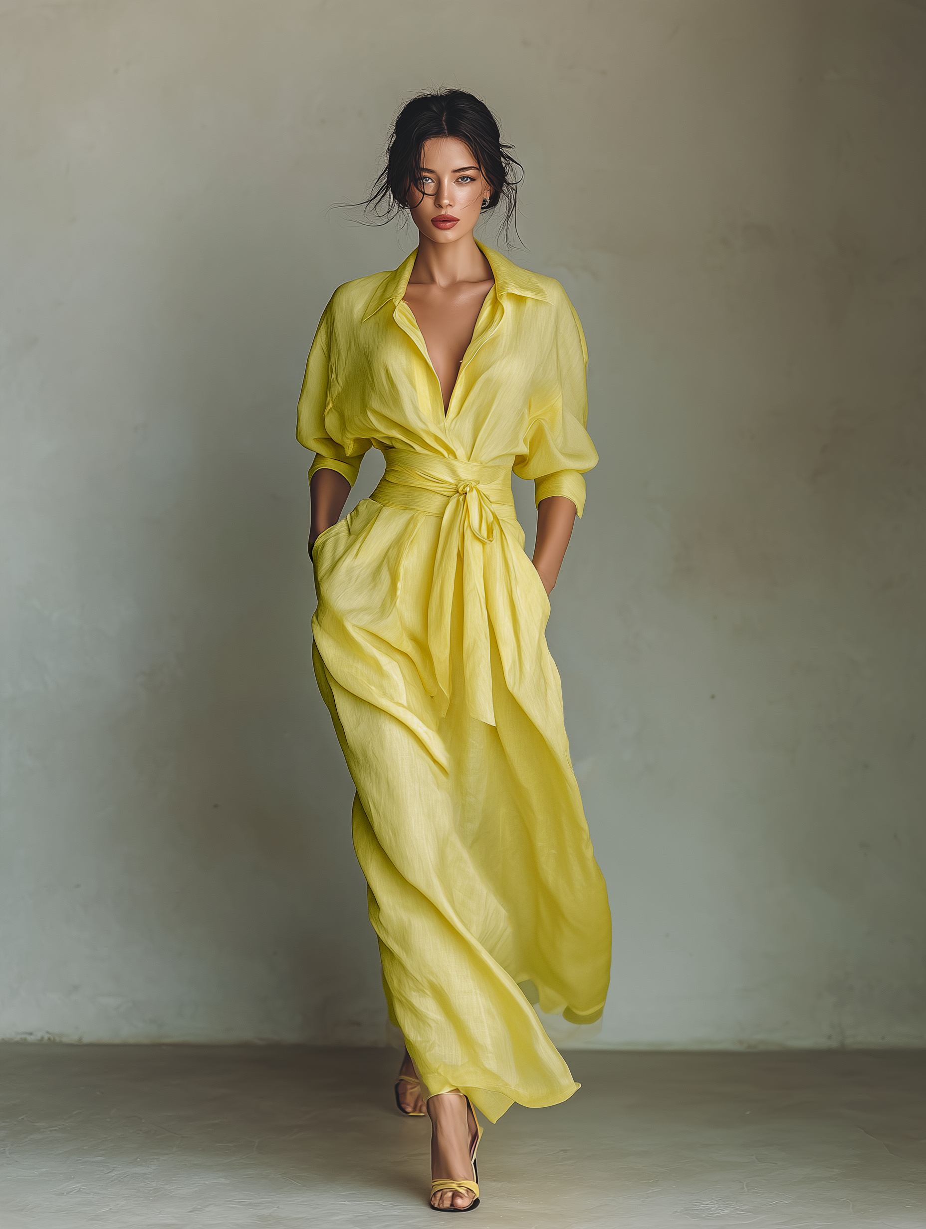 Robes maxi en coton et lin de couleur jaune citron pour femmes avec ceinture à nouer et manches mi-longues MDZ2884A4T