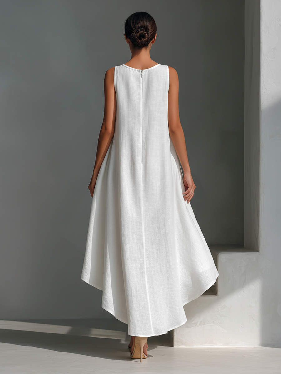 Robes midi pour femmes en lin blanc sans manches avec col rond et jupe asymétrique MDZ0987B9T