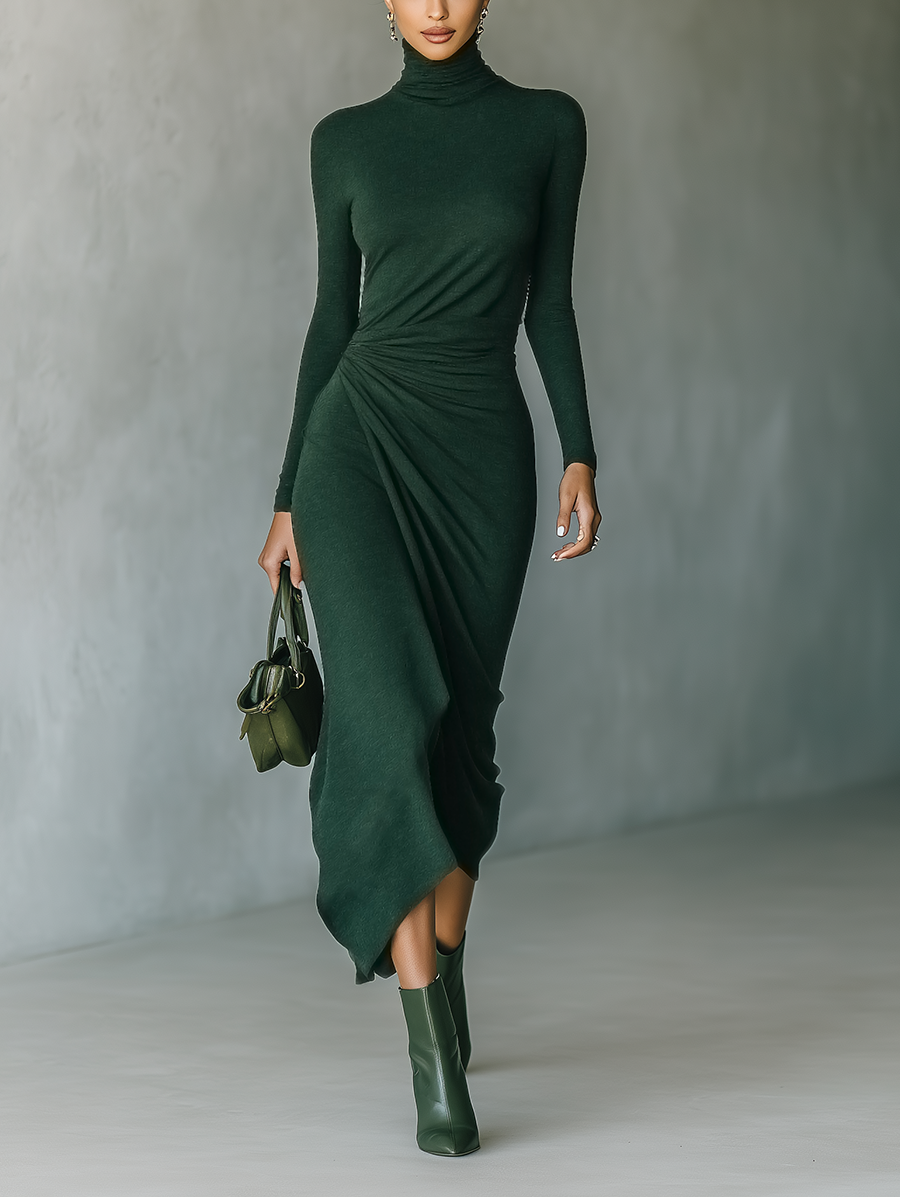 Robe midi femme vert foncé avec haute élasticité en forme de pull à col montant MDA2023J2T