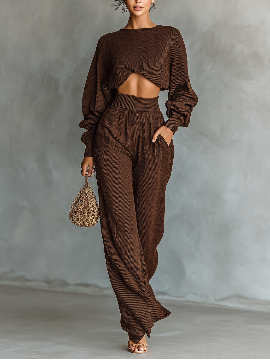 Ensemble tricoté pour femmes en couleur café : top court et pantalon large MDA3000G6T