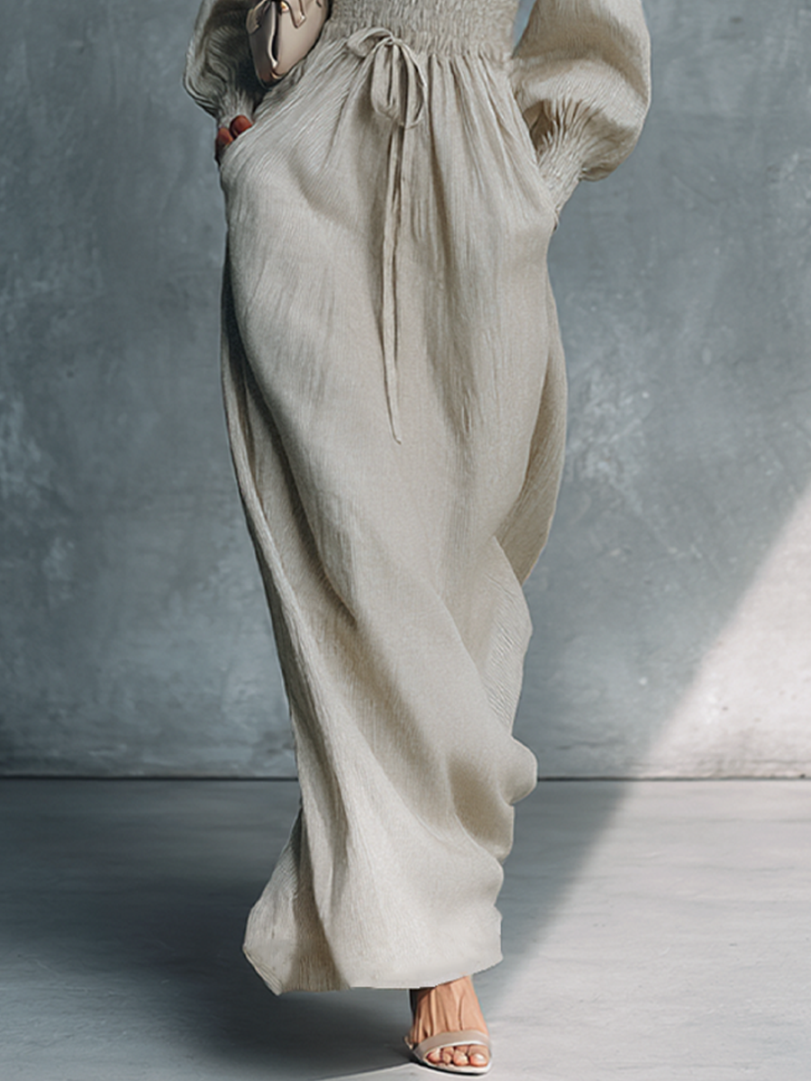 Robe maxi pour femmes en beige en coton et lin avec rayures et décolleté en V MDZ0361C4BA