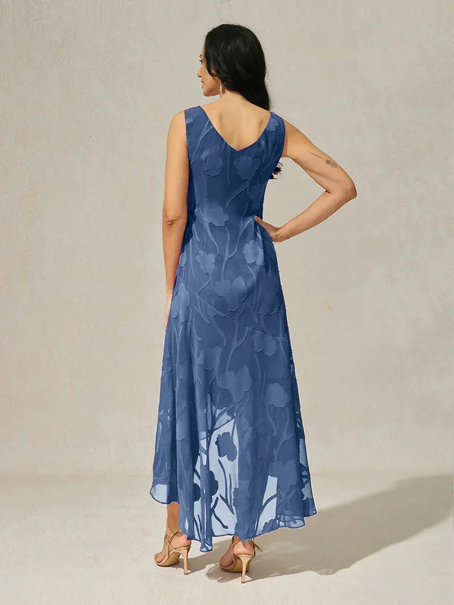 Robes de soirée sans manches en chiffon floral avec des ourlets asymétriques