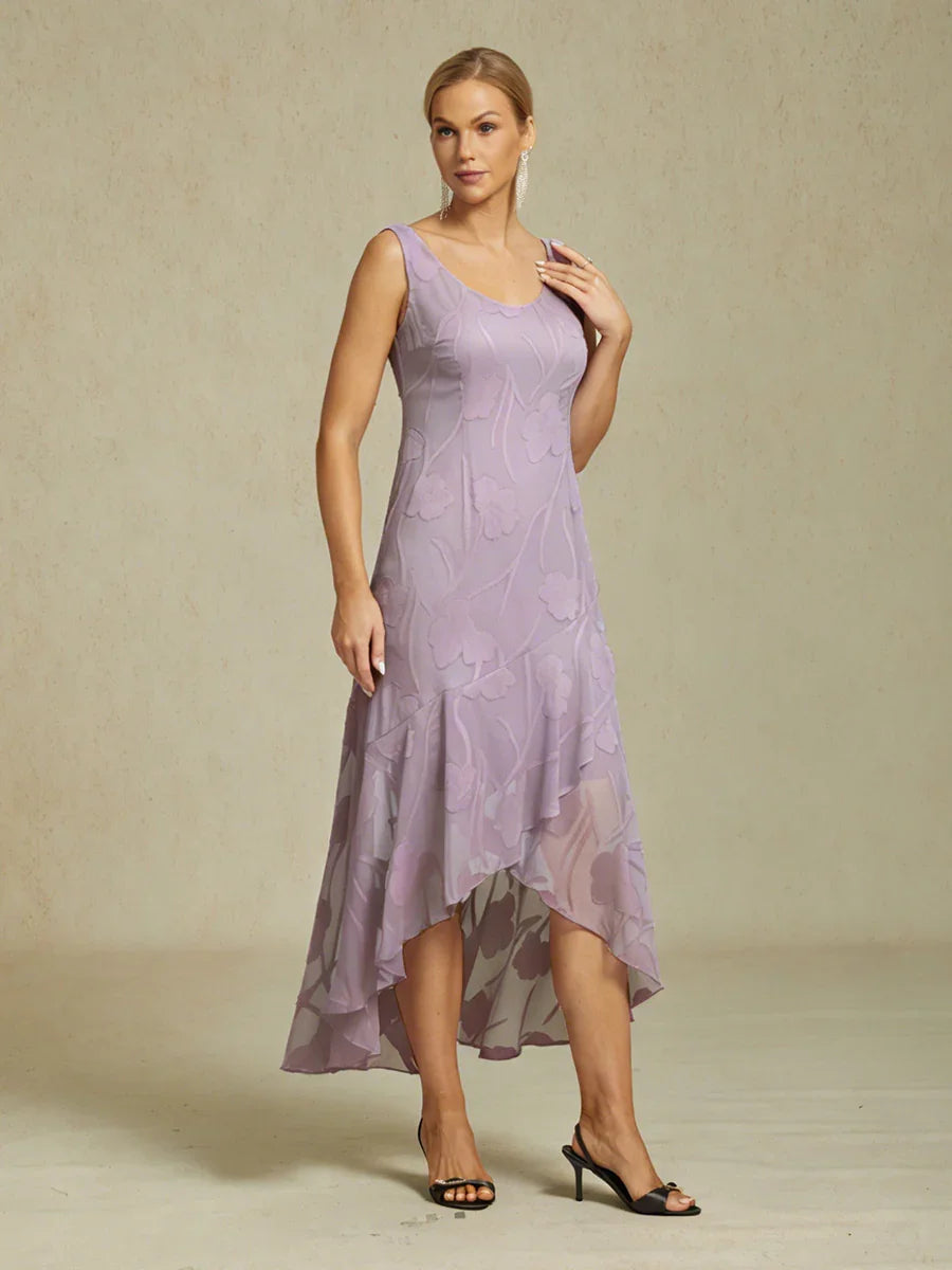 Robes de soirée sans manches en soie florale avec des ourlets asymétriques