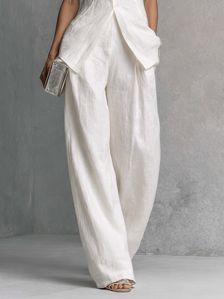 Ensemble top sans manches au look élégant en coton et lin blanc avec pantalon large MDZ0221B1BA