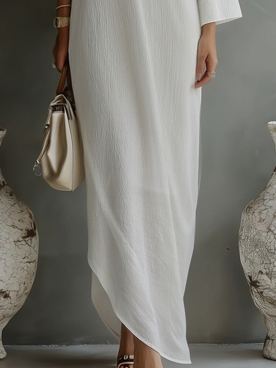 Robes de soirée féminines en couleur crème avec un mélange de coton-lin, à une épaule, fluide et élégante MDA3032K4T
